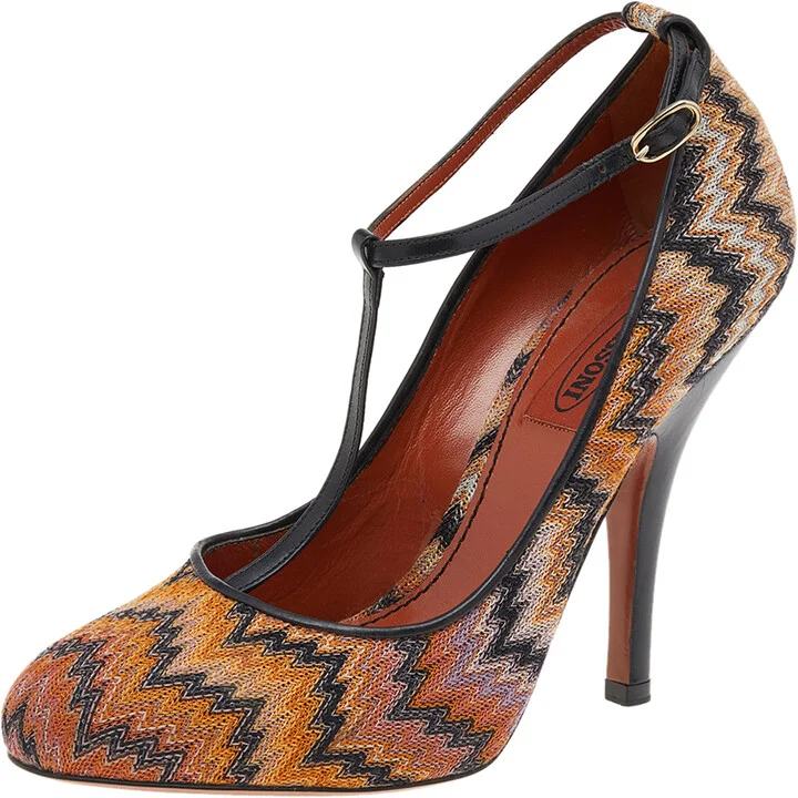 Missoni Black/Orange Fabric And Leather Ankle T-Strap Pumps Size 37.5