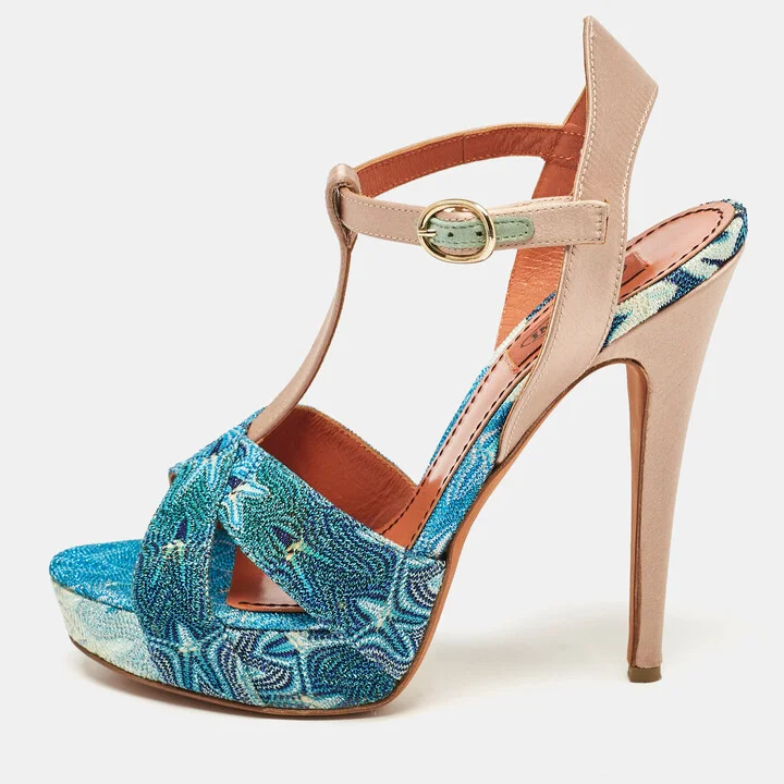 Missoni Blue/Brown Knit Fabric and Leather T-Strap Platform Sandals Size 39