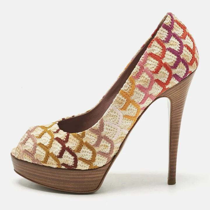 Missoni Multicolor Knit Fabric Platform Peep Toe Pumps Size 39