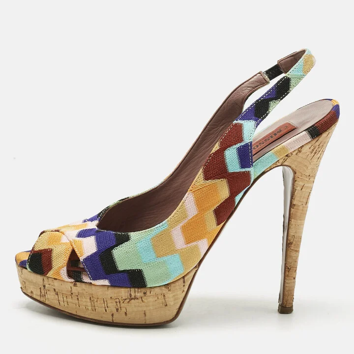 Missoni Multicolor Knit Fabric Platform Peep Toe Slingback Sandals Size 39