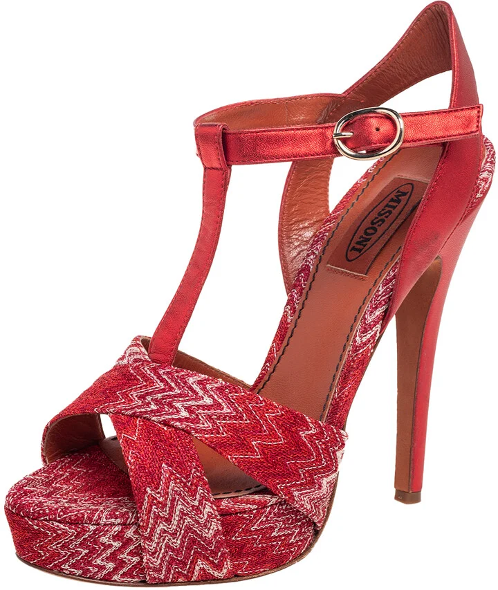 Missoni Red/White Knit Fabric and Leather T-Bar Platform Ankle-Strap Sandals Size 36