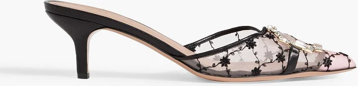Missy 45 leather-trimmed embroidered mesh mules