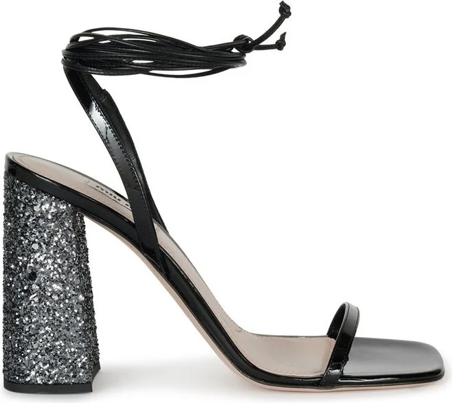 Miu Miu Ankle Tie-Fastened Block Heeled Glitter Sandals