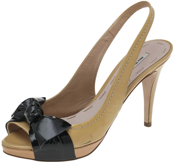 Miu Miu Beige/Black Patent Leather Bow Slingback Peep Toe Sandals Size 37.5
