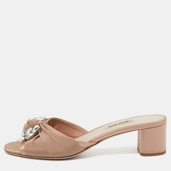 Miu Miu Beige Fabric Crystal Embellished Slide Sandals Size 38.5