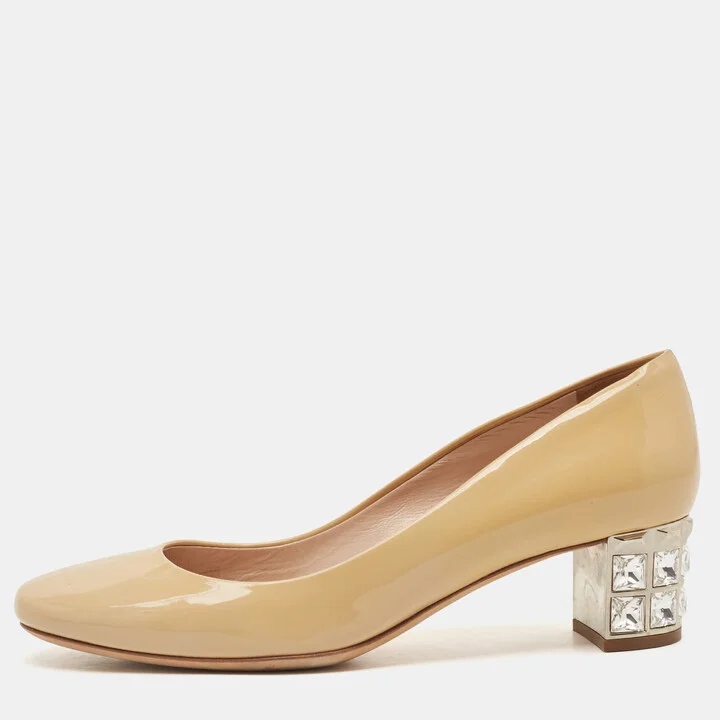 Miu Miu Beige Patent Leather Crystal Embellished Block Heel Pumps Size 36.5