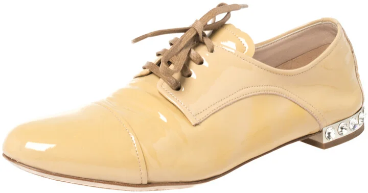 Miu Miu Beige Patent Leather Crystal Embellished Heel Lace Derby Size 36