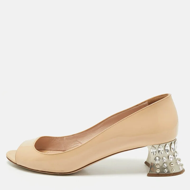 Miu Miu Beige Patent Leather Crystal Embellished Peep Toe Pumps Size 39.5