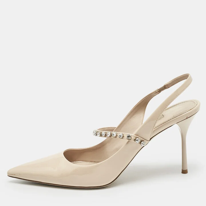 Miu Miu Beige Patent Leather Crystal Embellished Slingback Pump Size 40