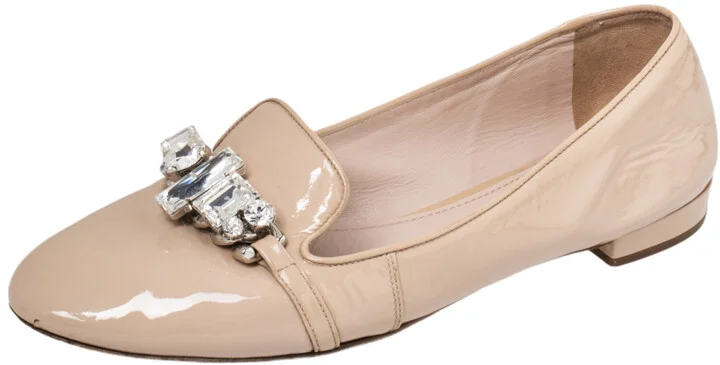 Miu Miu Beige Patent Leather Crystal Embellished Smoking Slippers Size 39