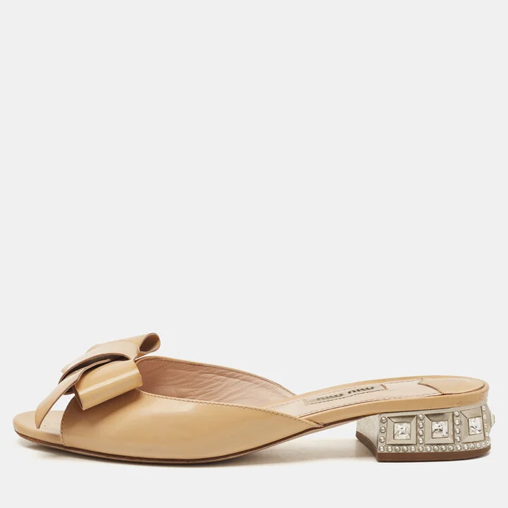 Miu Miu Beige Patent Leather Crystal Embellishment Mule Sandals Size 38