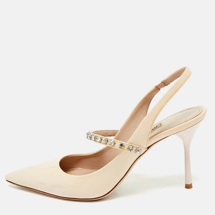 Miu Miu Beige Patent Leather Crystals Embellished Slingback Pointed Toe Pumps Size 37