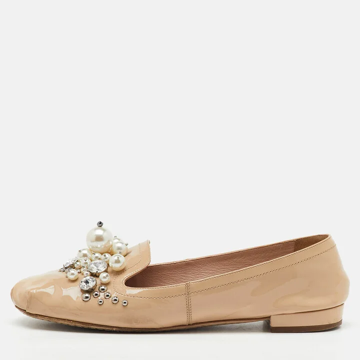 Miu Miu Beige Patent Leather Faux Pearls Ballet Flats Size 36