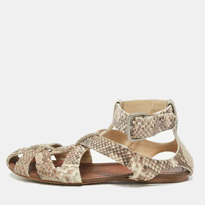 Miu Miu Beige Python Leather Ankle Strap Flat Sandals Size 38.5