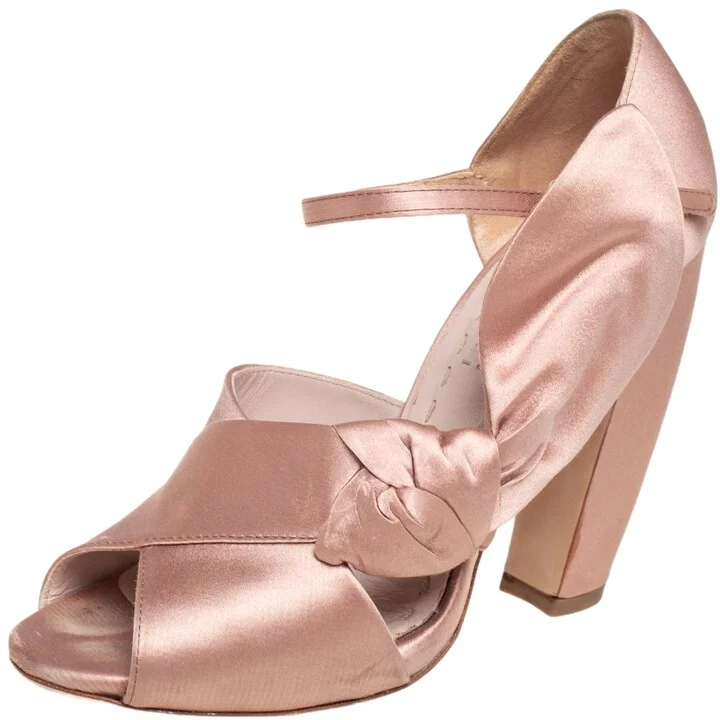 Miu Miu Beige Satin Bow Detail Ankle Strap Block Heel Pumps Size 36
