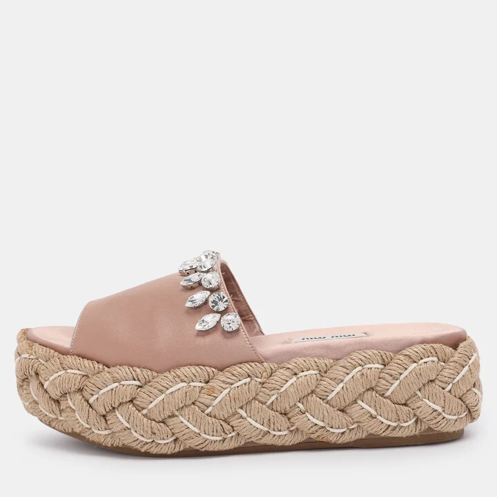 Miu Miu Beige Satin Espadrille Platform Slide Sandals Size 38