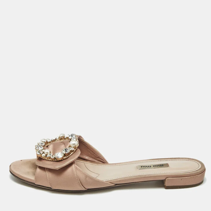 Miu Miu Beige Satin Knot Crystal Embellished Flat Slide Sandals Size 40