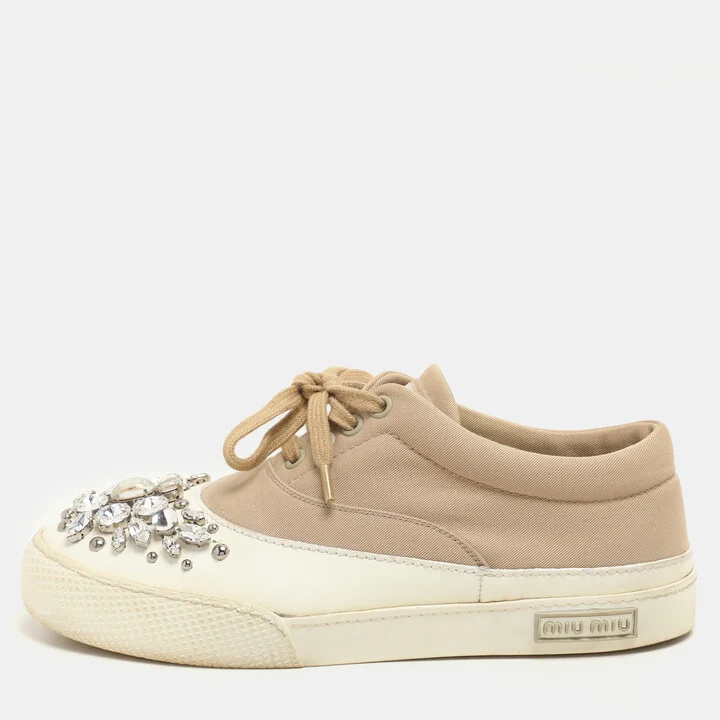 Miu Miu Beige/White Canvas and Rubber Crystal Embellished Cap Toe Sneakers Size 36.5