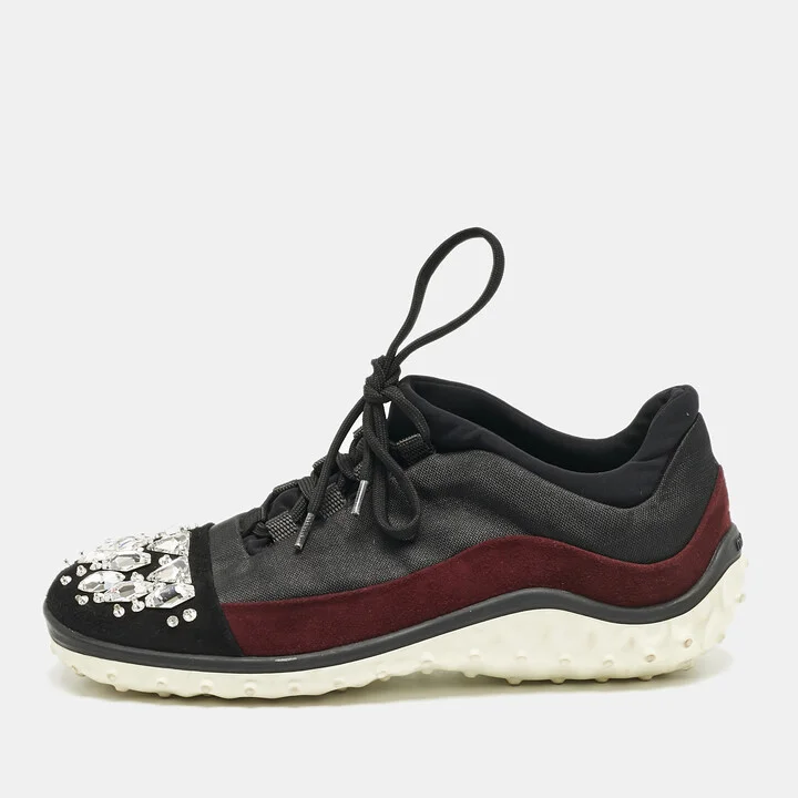 Miu Miu Black/Burgundy Canvas and Suede Crystal Embellished Sneakers Size 37.5