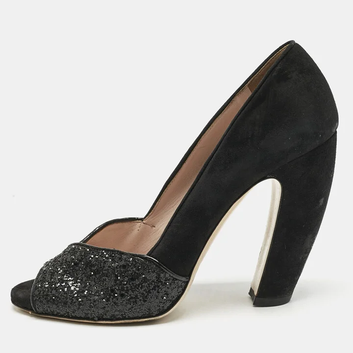Miu Miu Black Glitter and Suede Curved Peep Toe Pumps Size 37.5