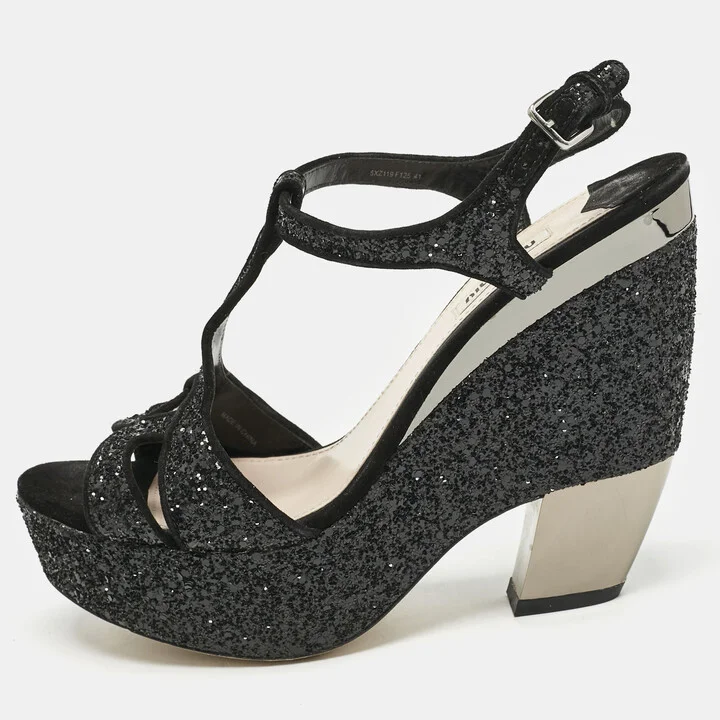 Miu Miu Black Glitter Wedge Slingback Sandals Size 41