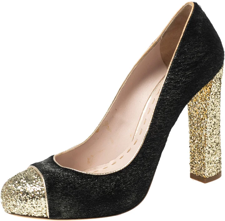 Miu Miu Black/Gold Calf Hair And Coarse Glitter Cap-Toe Block Heel Pumps Size 40