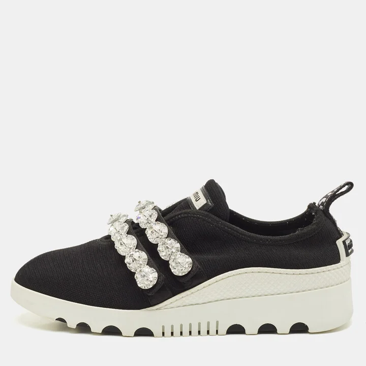 Miu Miu Black Knit Fabric Crystal Embellished Slip On Sneakers Size 37.5