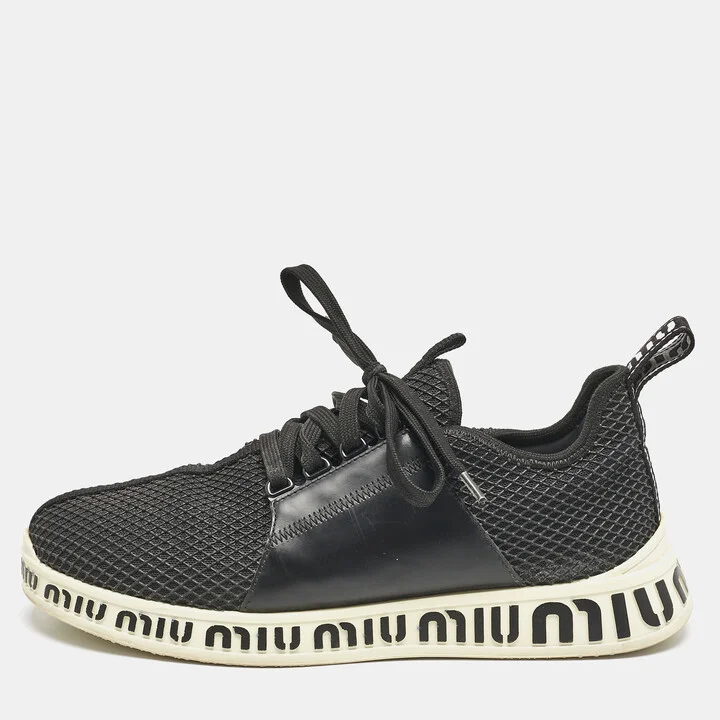 Miu Miu Black Leather and Mesh Lace Up Sneakers Size 39.5