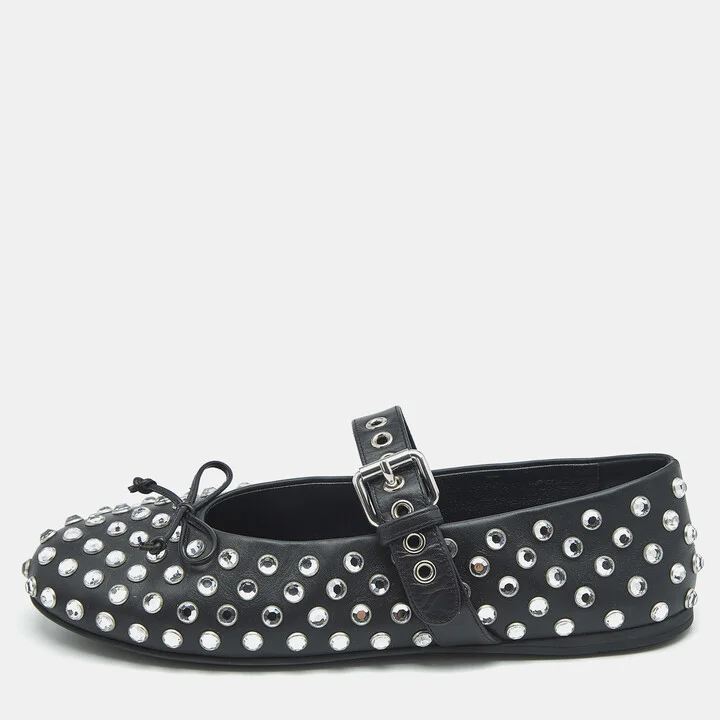 Miu Miu Black Leather Crystal Embellished Ballet Flats Size 37.5