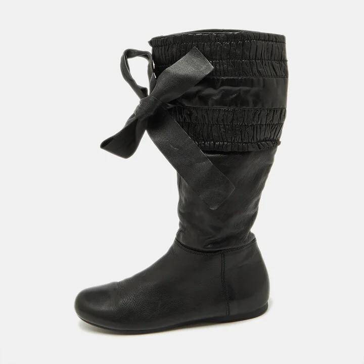 Miu Miu Black Leather Gathered Bow Calf Length Boots Size 37