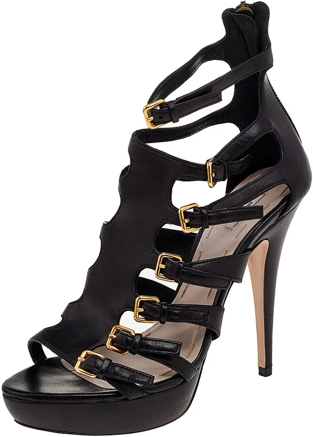 Miu Miu Black Leather Multi Strap Platform Sandals Size 39.5