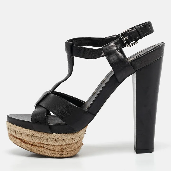 Miu Miu Black Leather Platform Ankle Strap Sandals Size 38.5