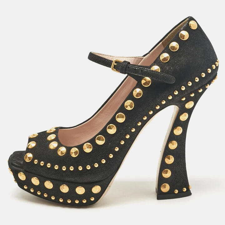 Miu Miu Black Leather Studded Open Toe Platform Mary Jane Pumps Size 38.5