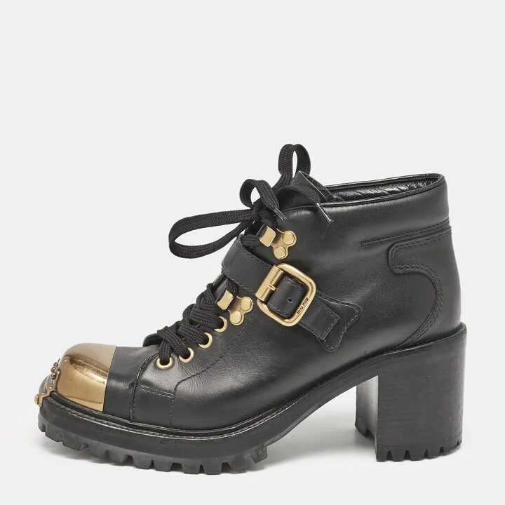 Miu Miu Black lLather Block Heel Ankle Combat Boots Size 36