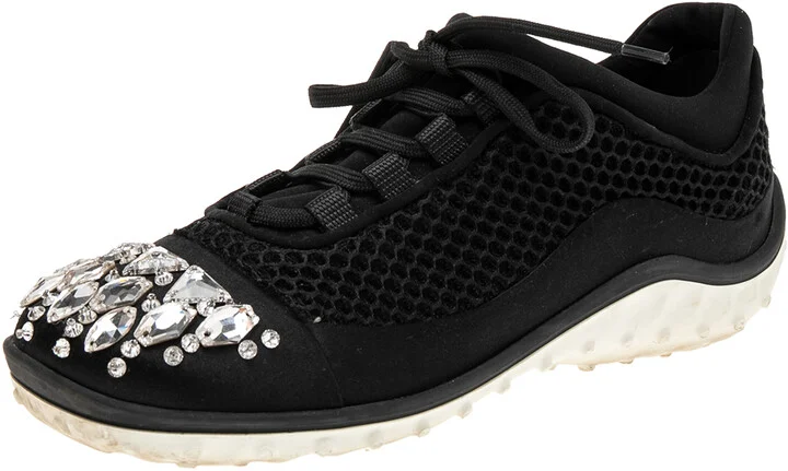 Miu Miu Black Mesh and Satin Crystal Embellished Low-Top Sneakers Size 36.5