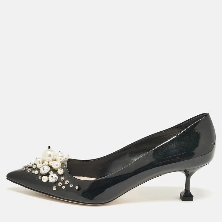 Miu Miu Black Patent Crystal and Pearl Embellished Pointed Toe Pumps Size 39