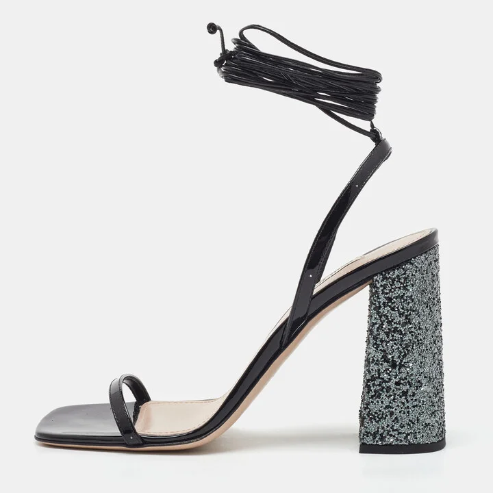 Miu Miu Black Patent Leather and Glitter Block Heel Ankle Wrap Sandals Size 38.5