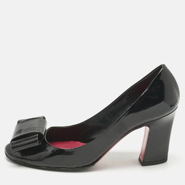 Miu Miu Black Patent Leather Bow Peep Toe Pumps Size 37.5
