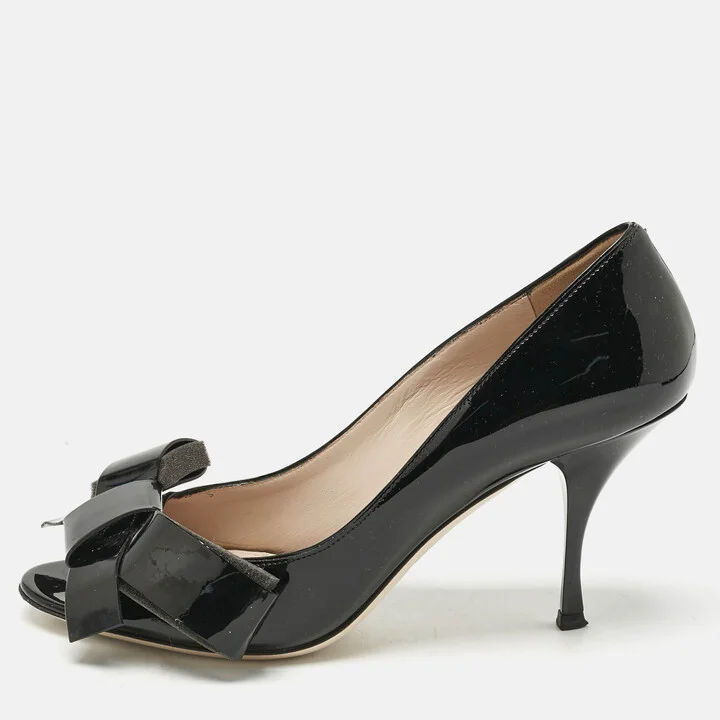 Miu Miu Black Patent Leather Bow Peep Toe Pumps Size 39