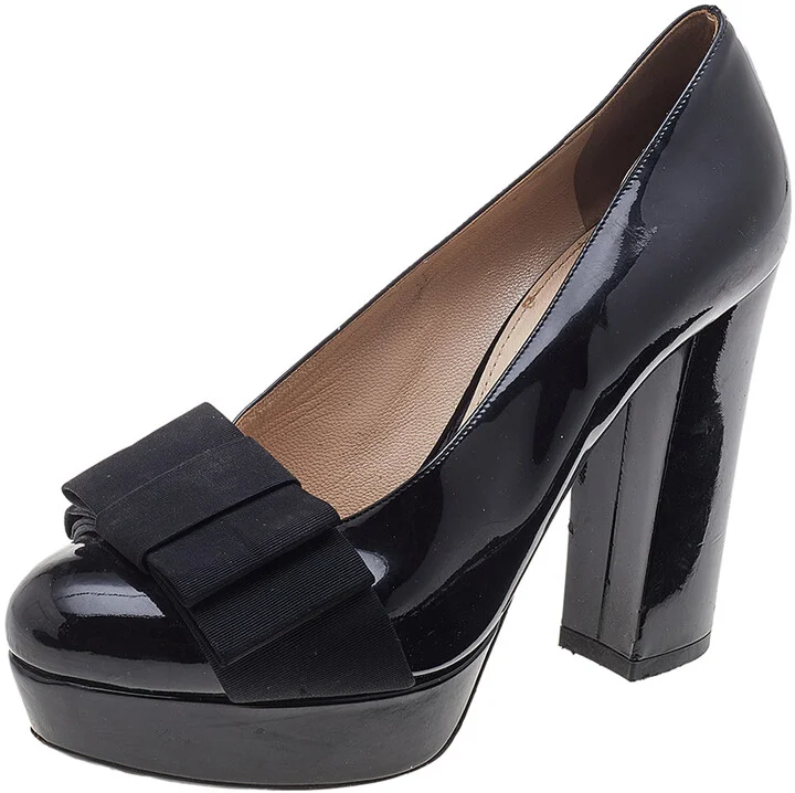 Miu Miu Black Patent Leather Bow Platform Pumps Size 35.5