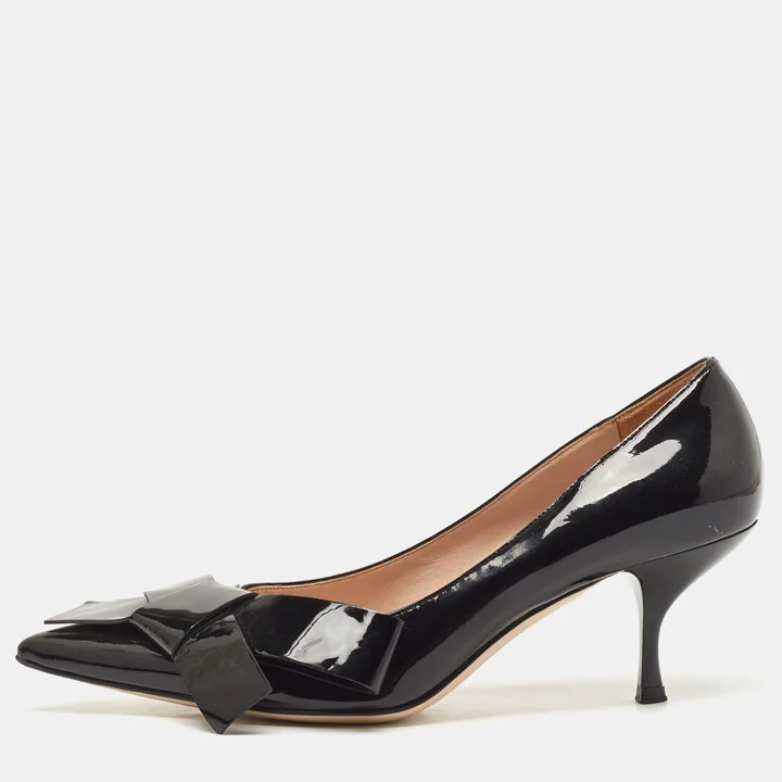 Miu Miu Black Patent Leather Bow Pointed Toe Pumps Size 37.5