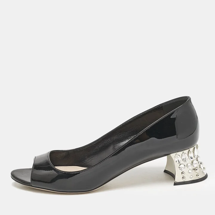 Miu Miu Black Patent Leather Crystal Block Heel Open Toe Pumps Size 37.5
