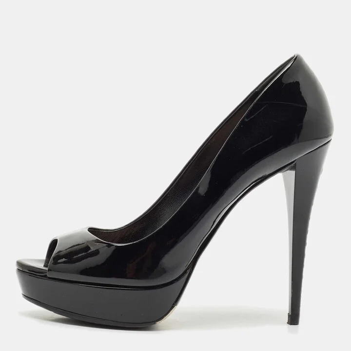 Miu Miu Black Patent Leather Crystal Embellished Heel Peep Toe Pumps Size 38