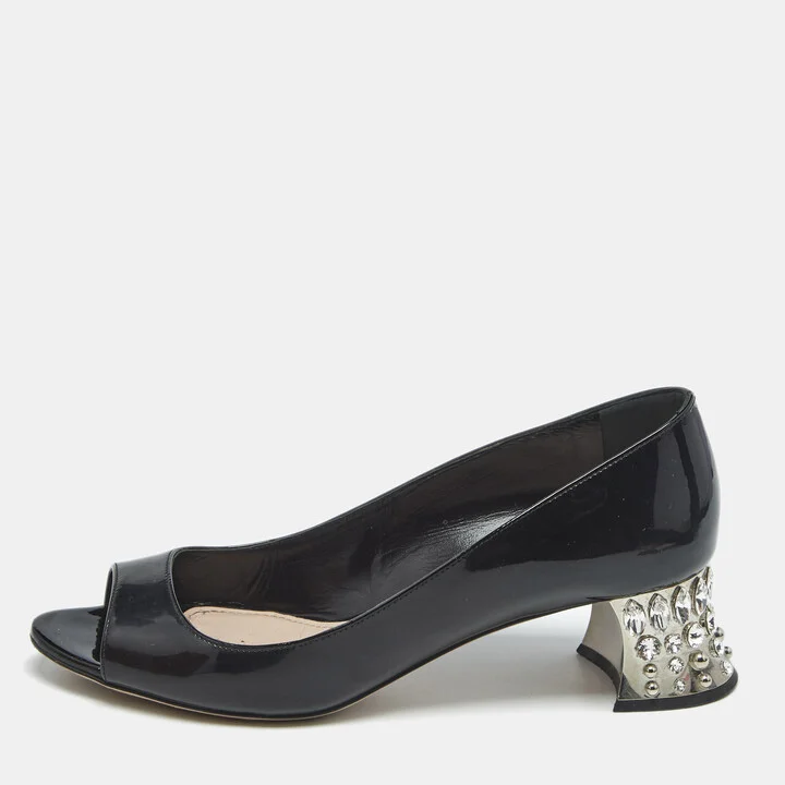 Miu Miu Black Patent Leather Crystal Embellished Peep Toe Pumps Size 36.5
