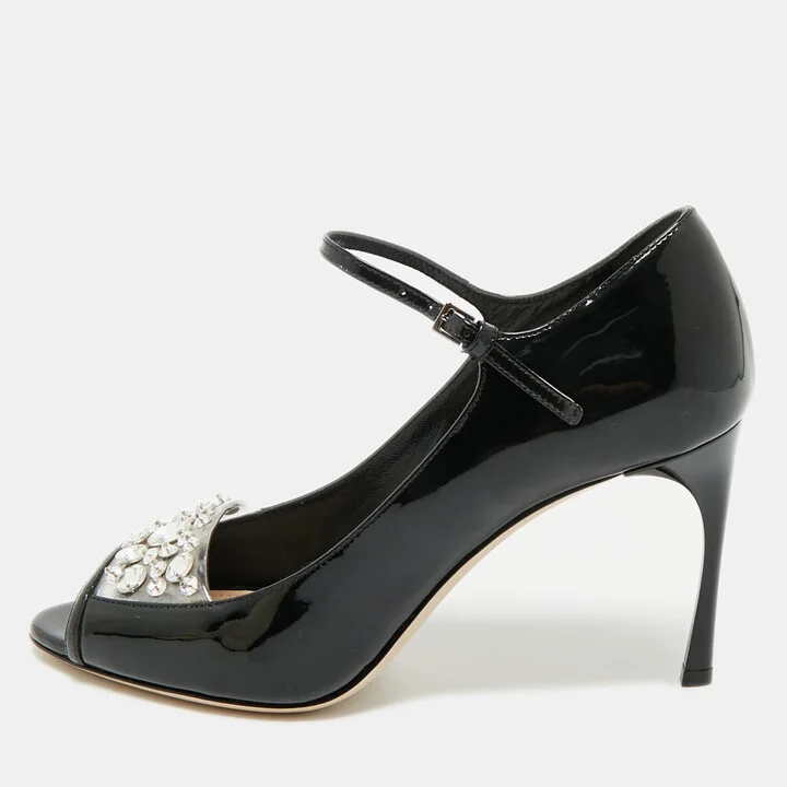 Miu Miu Black Patent Leather Crystal Embellished Peep Toe Pumps Size 37.5