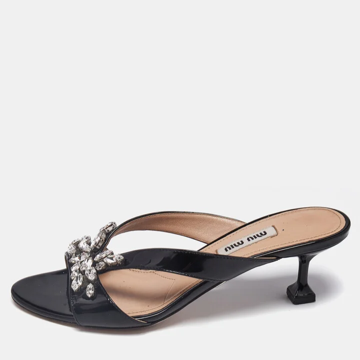 Miu Miu Black Patent Leather Crystal Embellished Slide Sandals Size 36