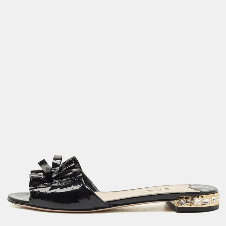 Miu Miu Black Patent Leather Crystal Embellished Slide Sandals Size 39