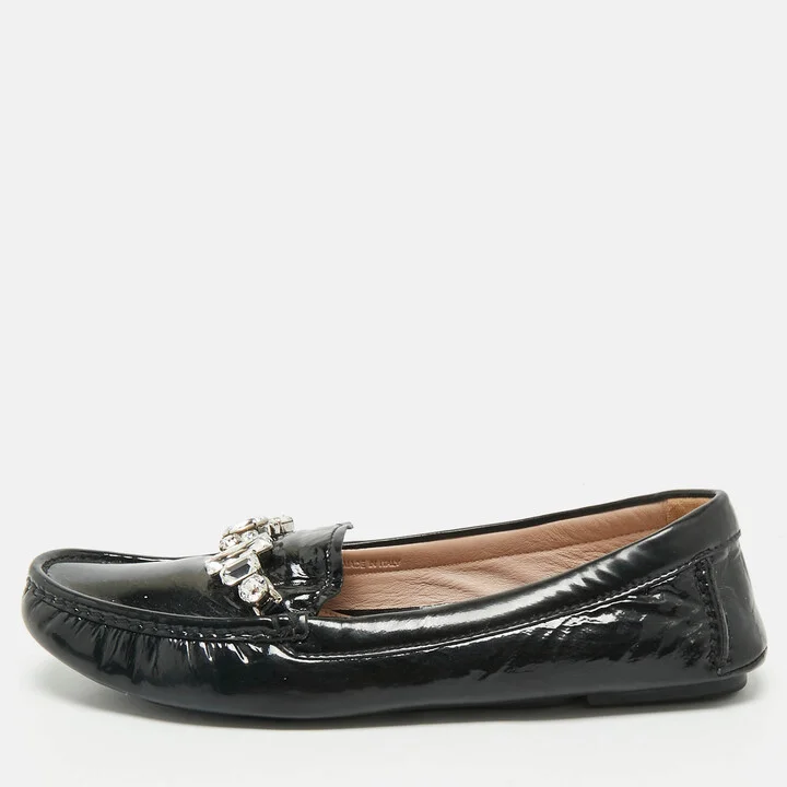 Miu Miu Black Patent Leather Crystals Embellished Loafers Size 38