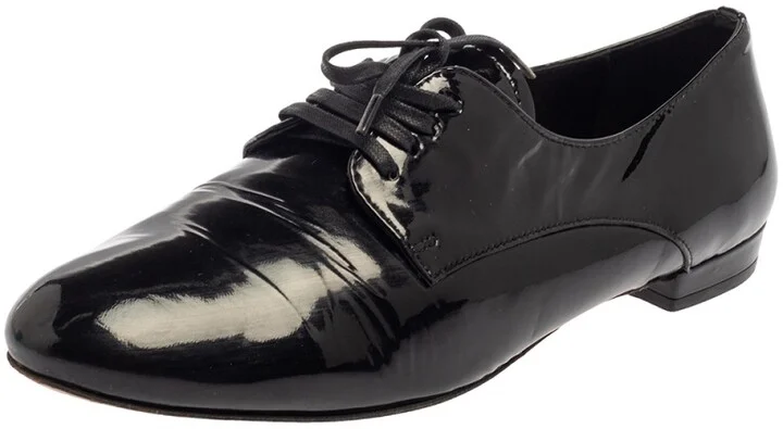 Miu Miu Black Patent Leather Flat Lace Up Derby Size 35.5