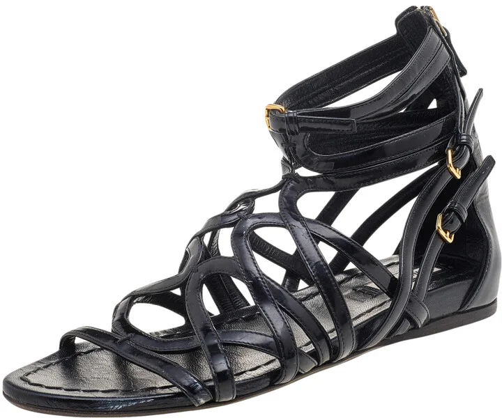 Miu Miu Black Patent Leather Gladiator Flats Size 38